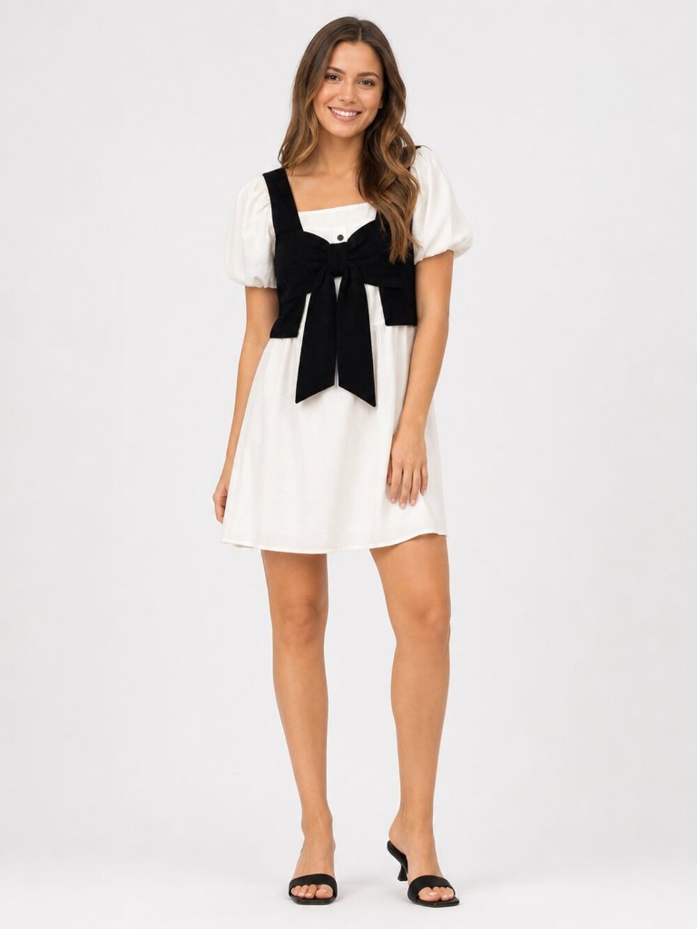 LEDIN Coquette Puff Sleeve Dress XS NWT Cottagecore Bow Layered Look Kawaii